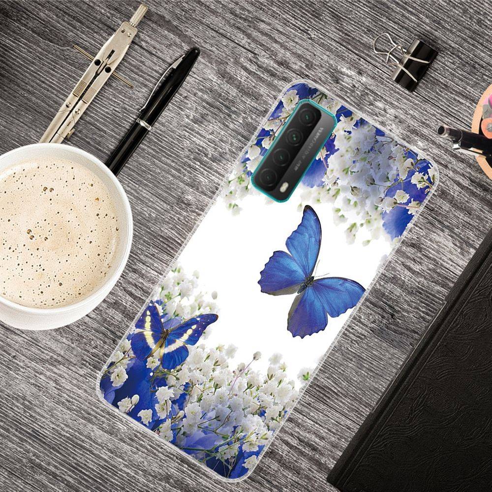Für Huawei P Smart 2021 Silikon Case TPU Motiv Butterfly Blau Schutz Muster Hülle Cover Etuis Zubehör Transparent