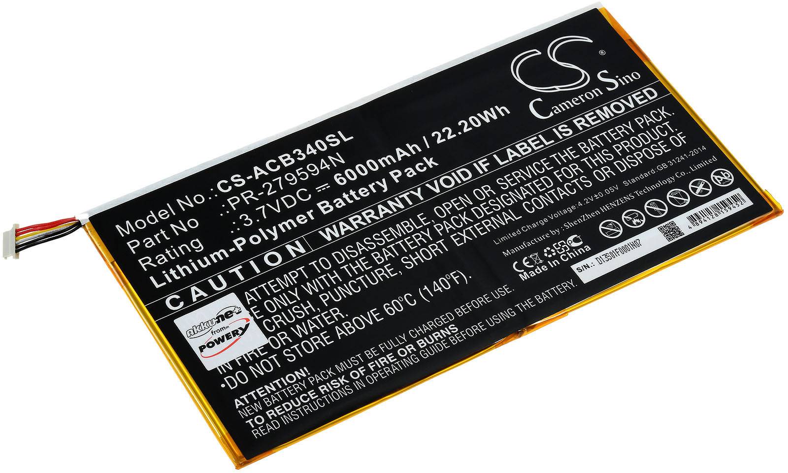 Powery Akku kompatibel mit Acer Typ PR-279594N(1ICP3/95/94-2) 6-Pin Stecker, 3,7V, Li-Polymer