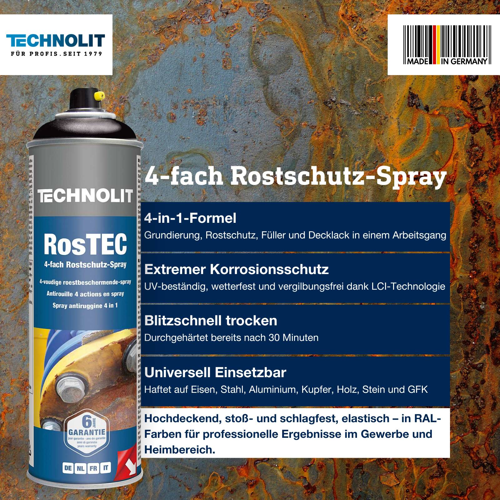 Technolit BosTEX 4-fach Rostschutz-Spray in der Sprühdose mit deutschen Etiketten, die die 4-in-1-Formel, schnelle Trocknung, Korrosionsschutz und universelle Verwendung hervorheben.