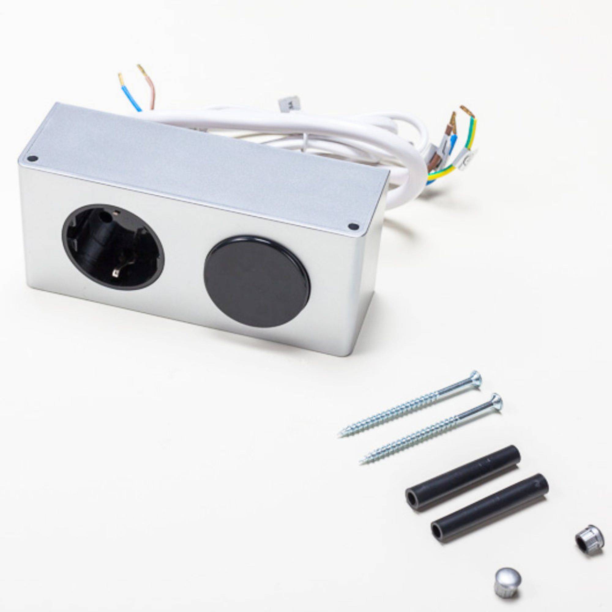 kalb | Einbausteckdose (ohne Netzteil) mit Schalter und Kabelausgang für 230V Verbraucher wie z.B. LED Badleuchte, Silbergrau