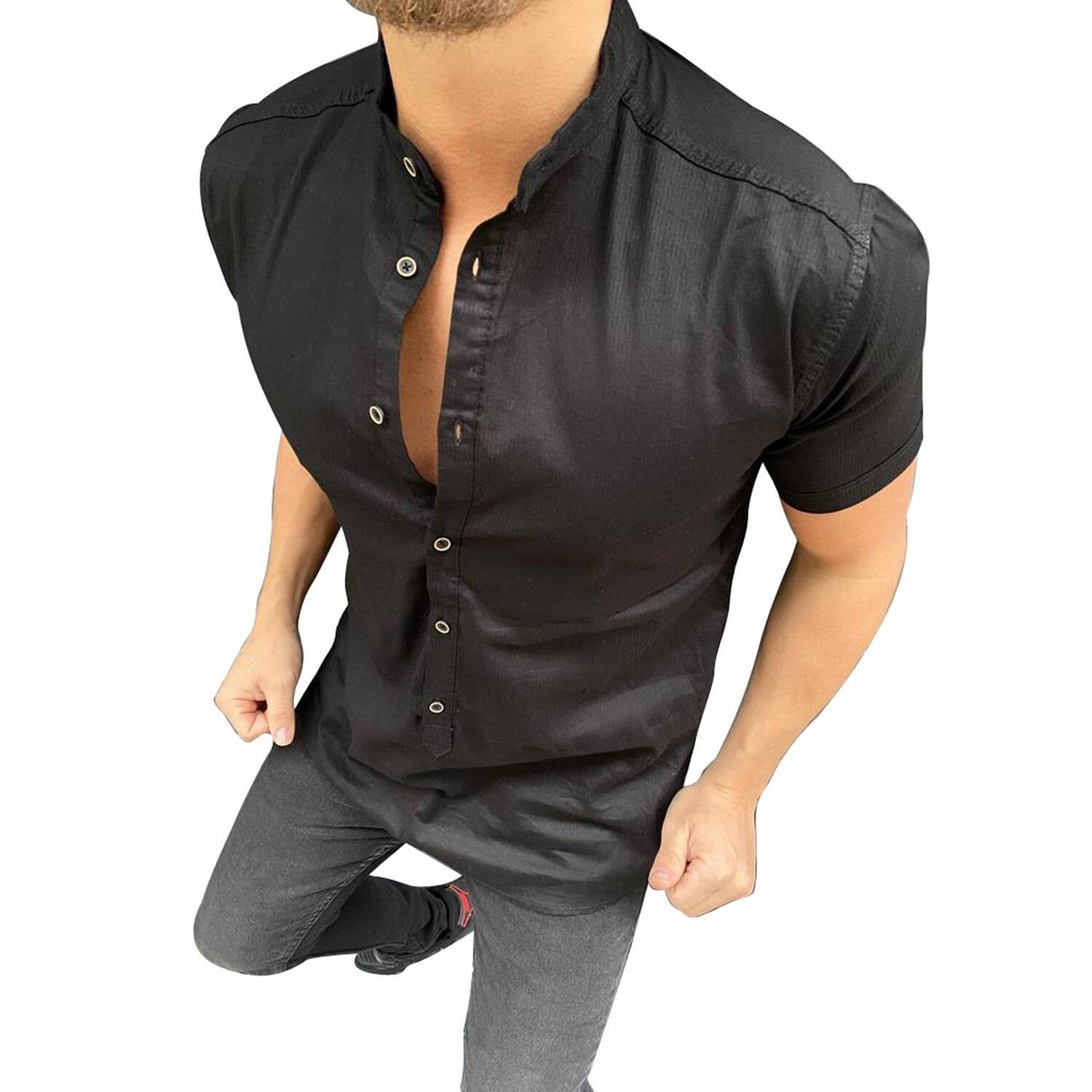 Kurzhemd Herren designer Premium Megaman Hemd Slim-Fit Business Hochzeit Shirt Sommer Hemden Größe S Schwarz