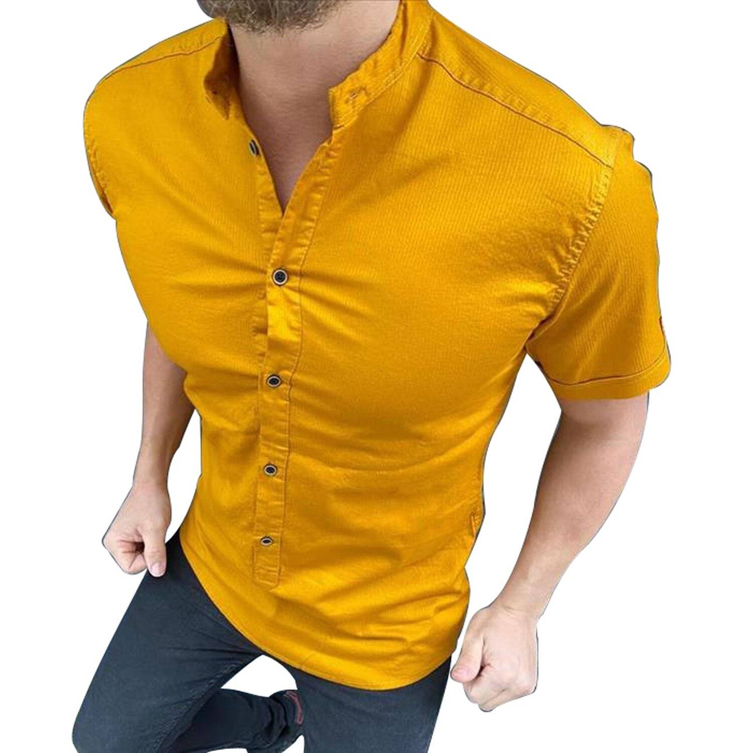 Kurzhemd Herren designer Premium Megaman Hemd Slim-Fit Business Hochzeit Shirt Sommer Hemden Größe 2XL Gelb