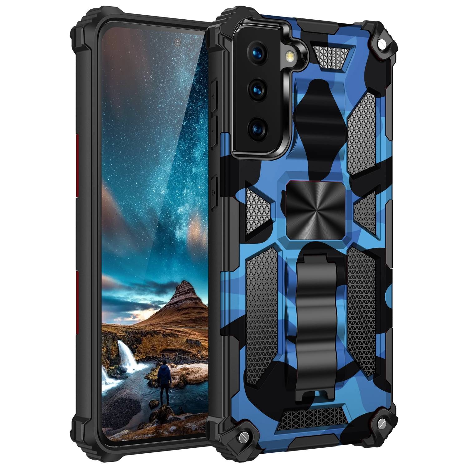 Für Samsung Galaxy S21 Ultra Camouflage Shockproof Armor TPU Schutz Tasche Hülle Cover Dunkelblau