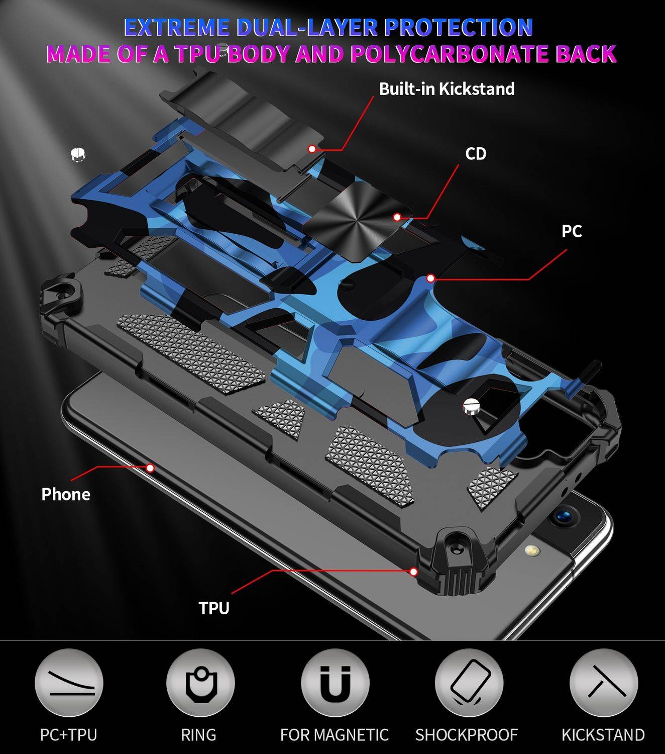 Für Samsung Galaxy S21 Ultra Camouflage Shockproof Armor TPU Schutz Tasche Hülle Cover Dunkelblau
