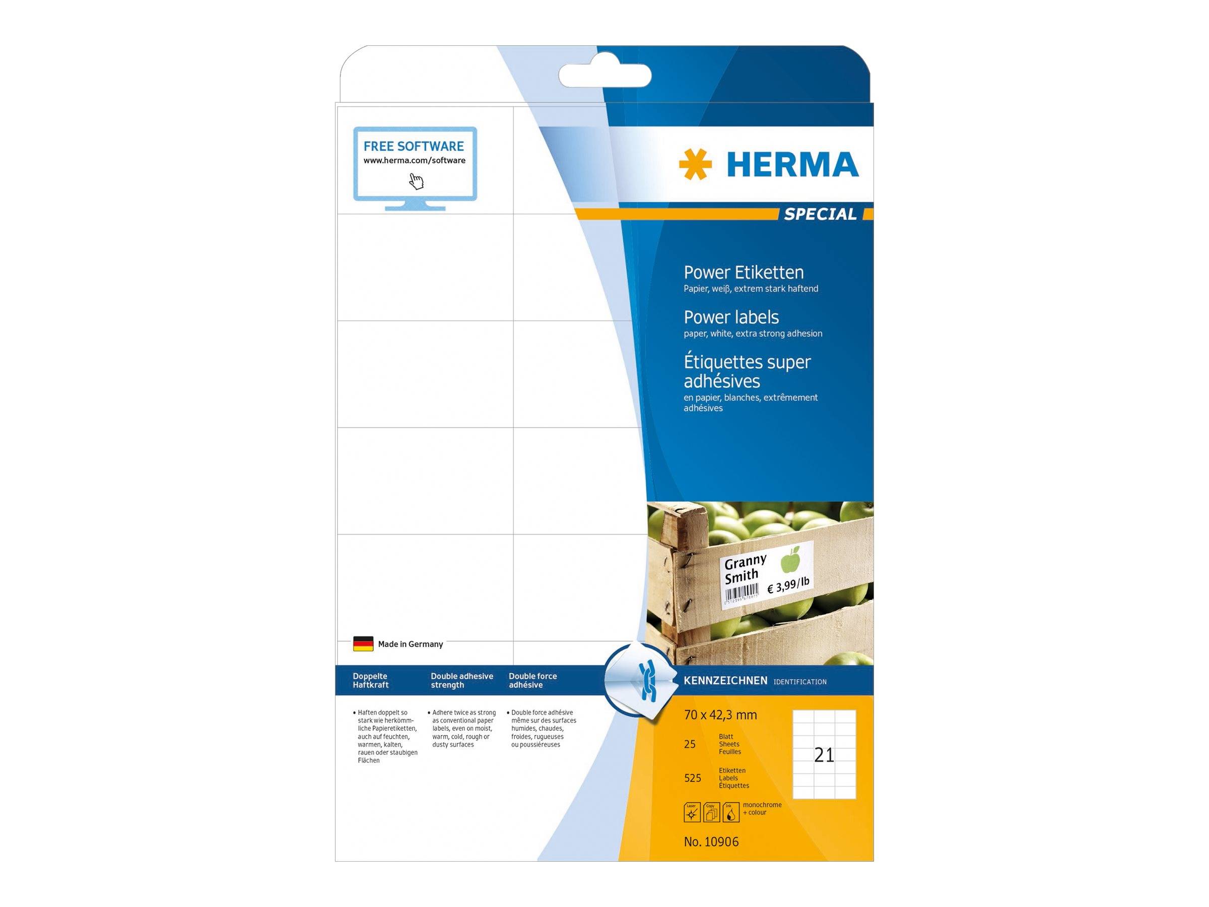 HERMA Special Power Labels - Papier - matt - extrem stark haftend - weiß - 42.3 x 70 mm 525 Etikett(en) (25 Bogen x 21)