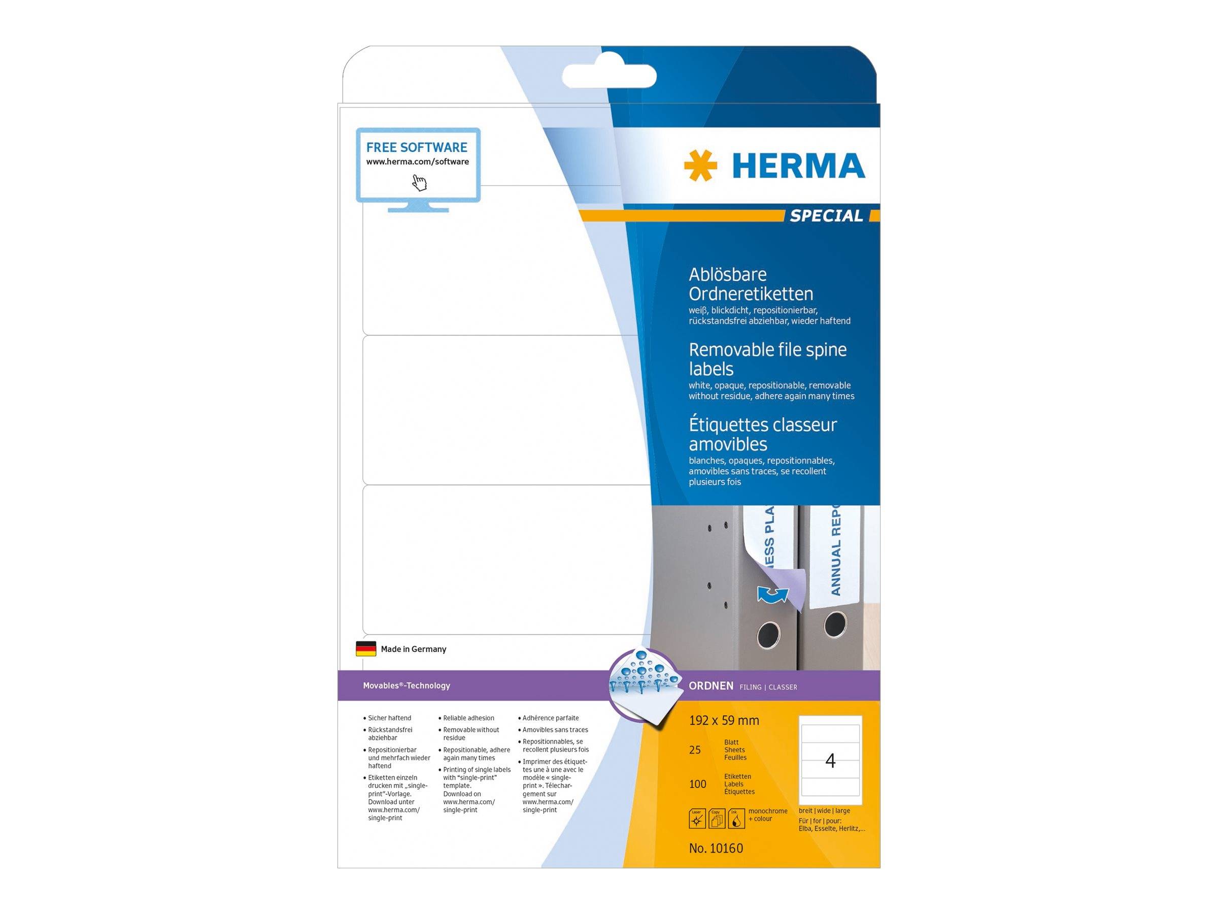 HERMA Special - Papier - matt - selbstklebend, entfernbarer Klebstoff - weiß - 192 x 59 mm 100 Etikett(en) (25 Bogen x 4)
