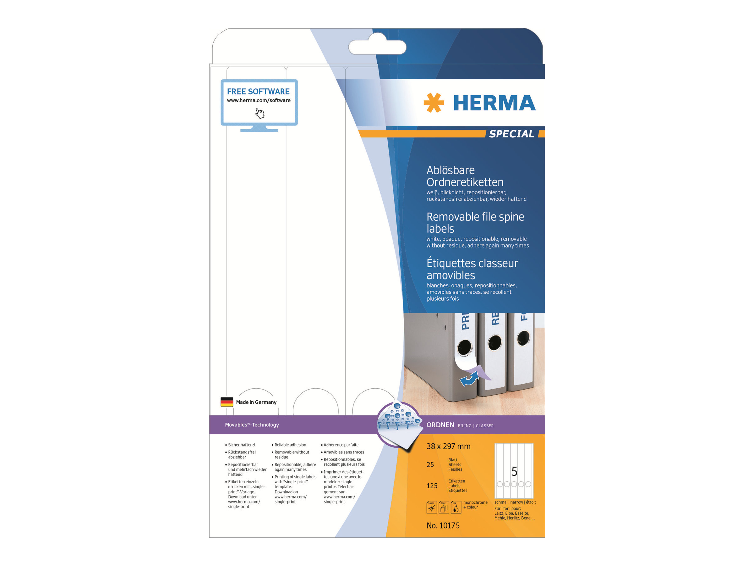 HERMA Special - Papier - matt - selbstklebend, entfernbarer Klebstoff - weiß - 38 x 297 mm 125 Etikett(en) (25 Bogen x 5)
