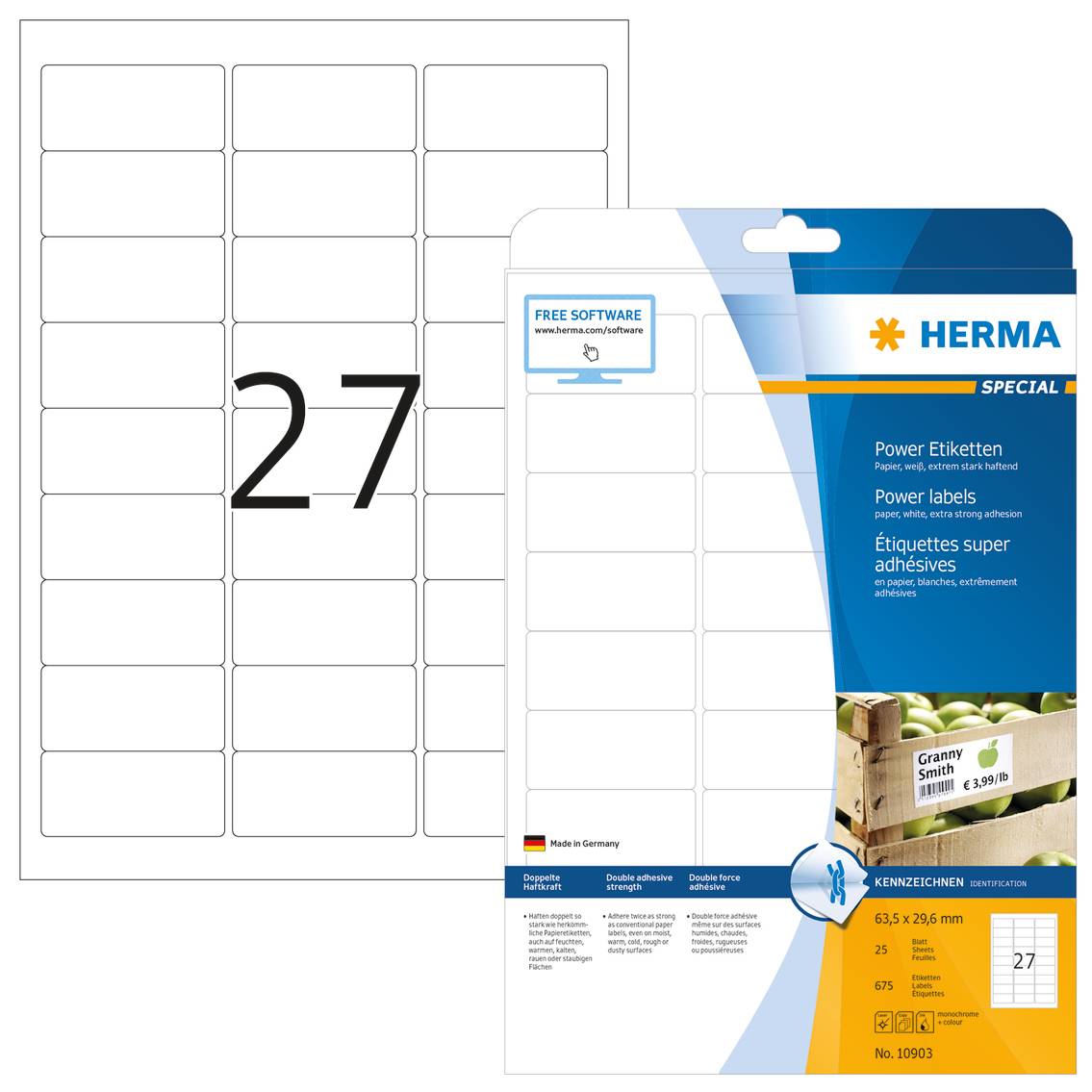 HERMA Special - Papier - matt - extra stark selbstklebend - weiß - 63.5 x 29.6 mm 675 Etikett(en) (25 Bogen x 27)