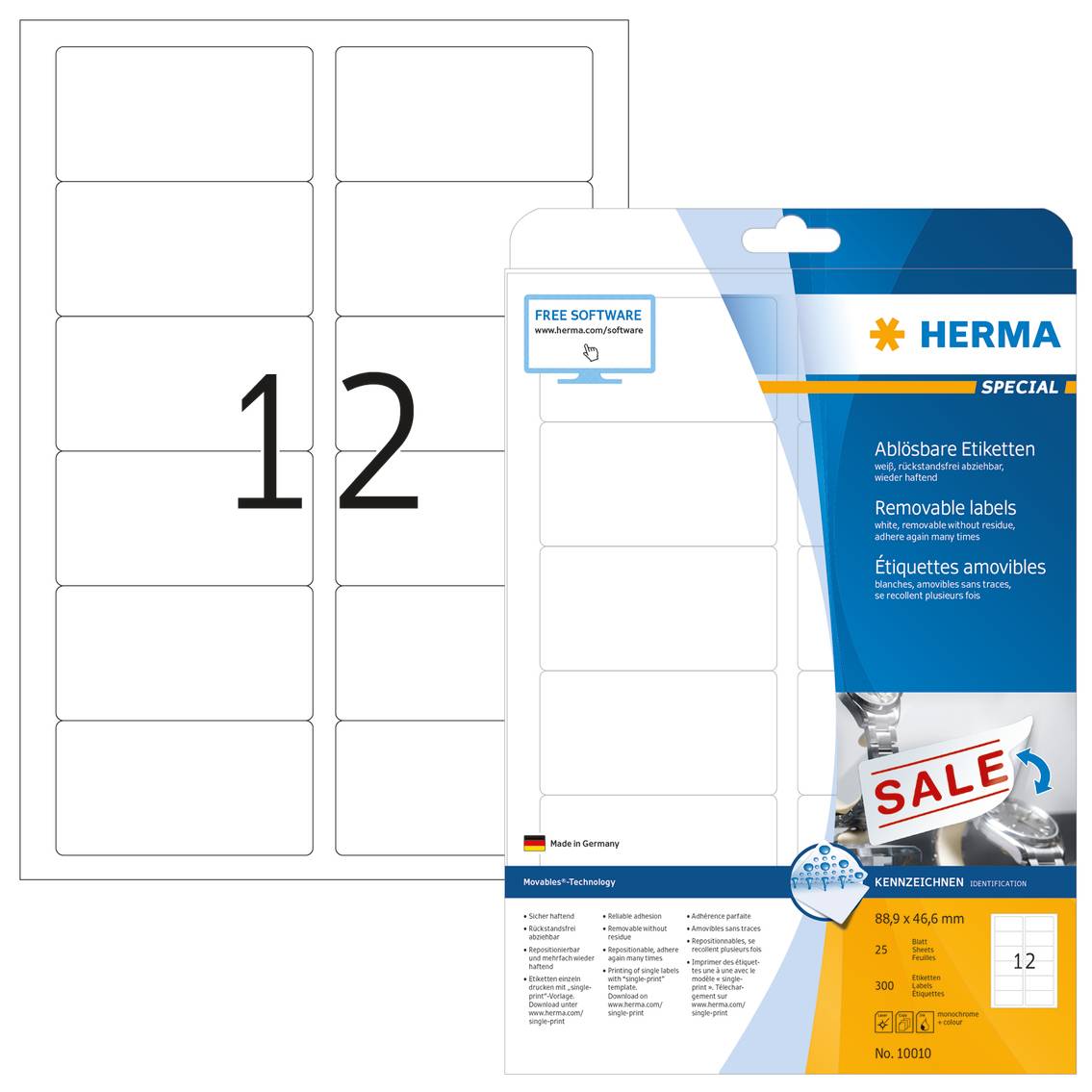 HERMA Special - Papier - matt - selbstklebend, entfernbarer Klebstoff - weiß - 88.9 x 46.6 mm 300 Etikett(en) (25 Bogen
