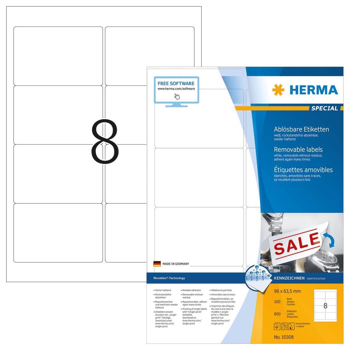 HERMA Special - Papier - matt - selbstklebend, entfernbarer Klebstoff - weiß - 96 x 63.5 mm 800 Etikett(en) (100 Bogen x