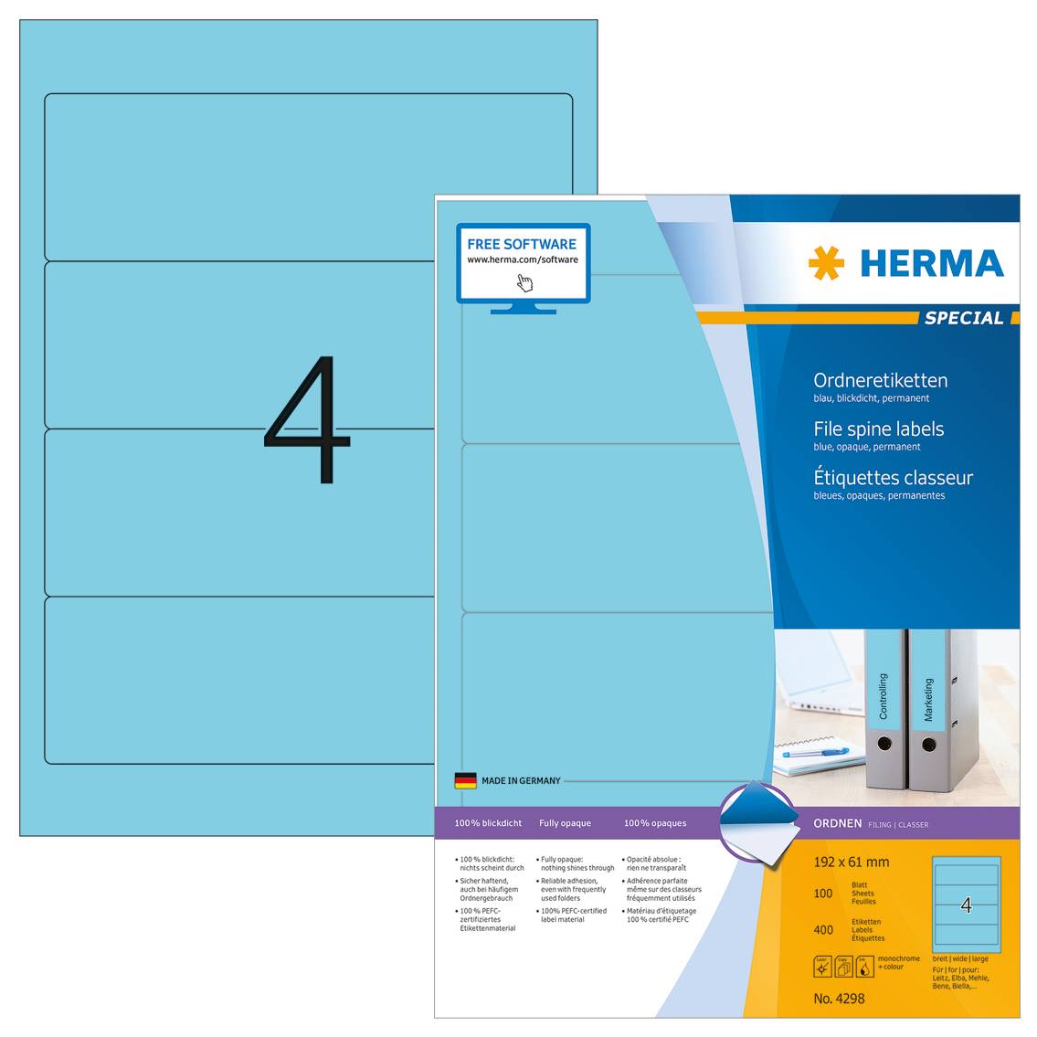 HERMA Special - Papier - matt - permanent selbstklebend - Blau - 192 x 61 mm 400 Etikett(en) (100 Bogen x 4)