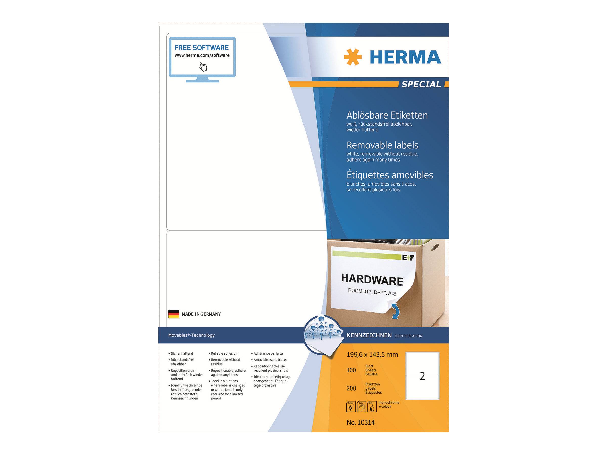 HERMA Special - Papier - matt - selbstklebend, entfernbarer Klebstoff - weiß - 199.6 x 143.5 mm 200 Etikett(en) (100 Bogen x 2)