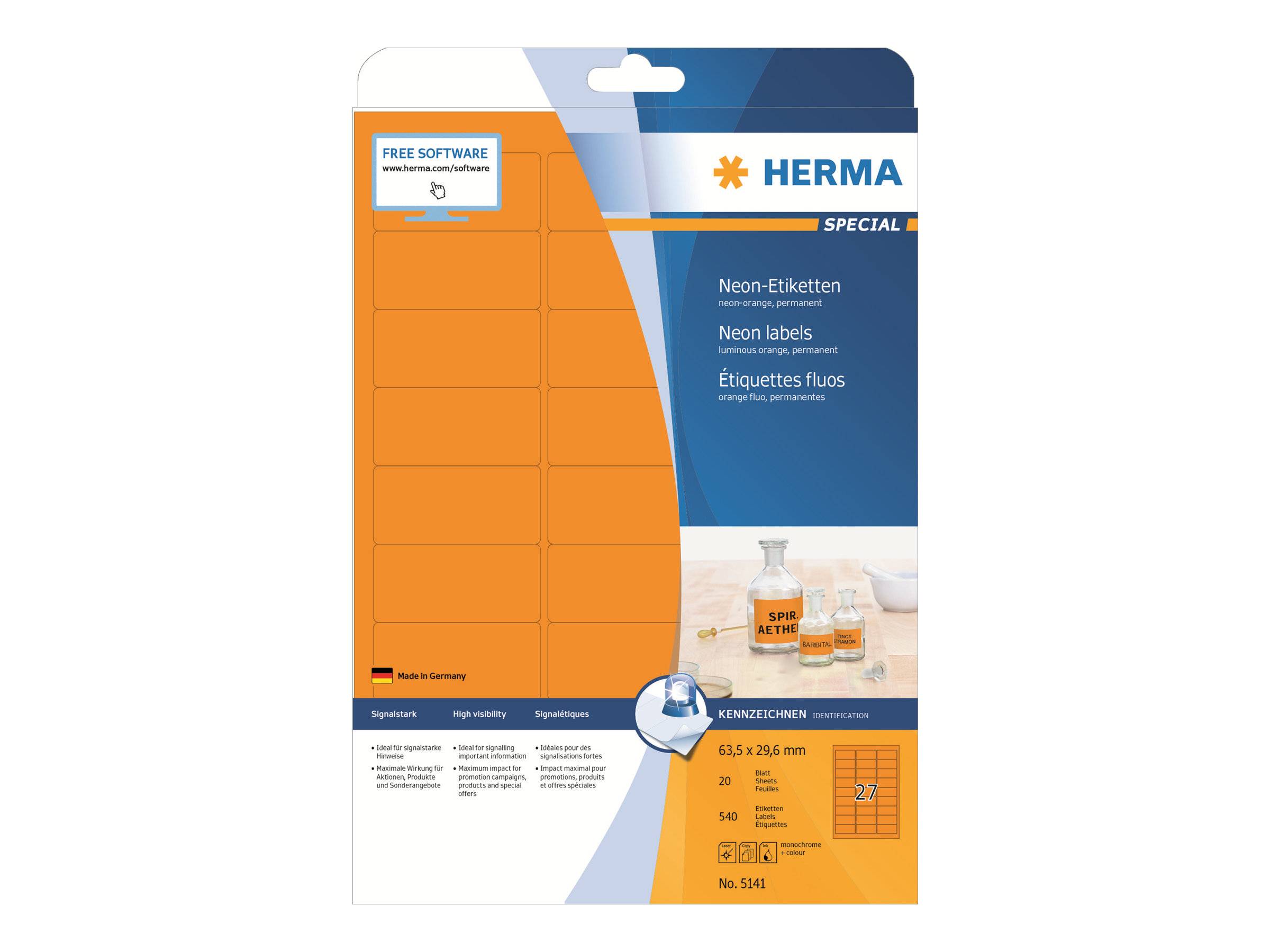 HERMA Special - Papier - matt - permanent selbstklebend - Luminous Orange - 63.5 x 29.6 mm 540 Etikett(en) (20 Bogen x 2