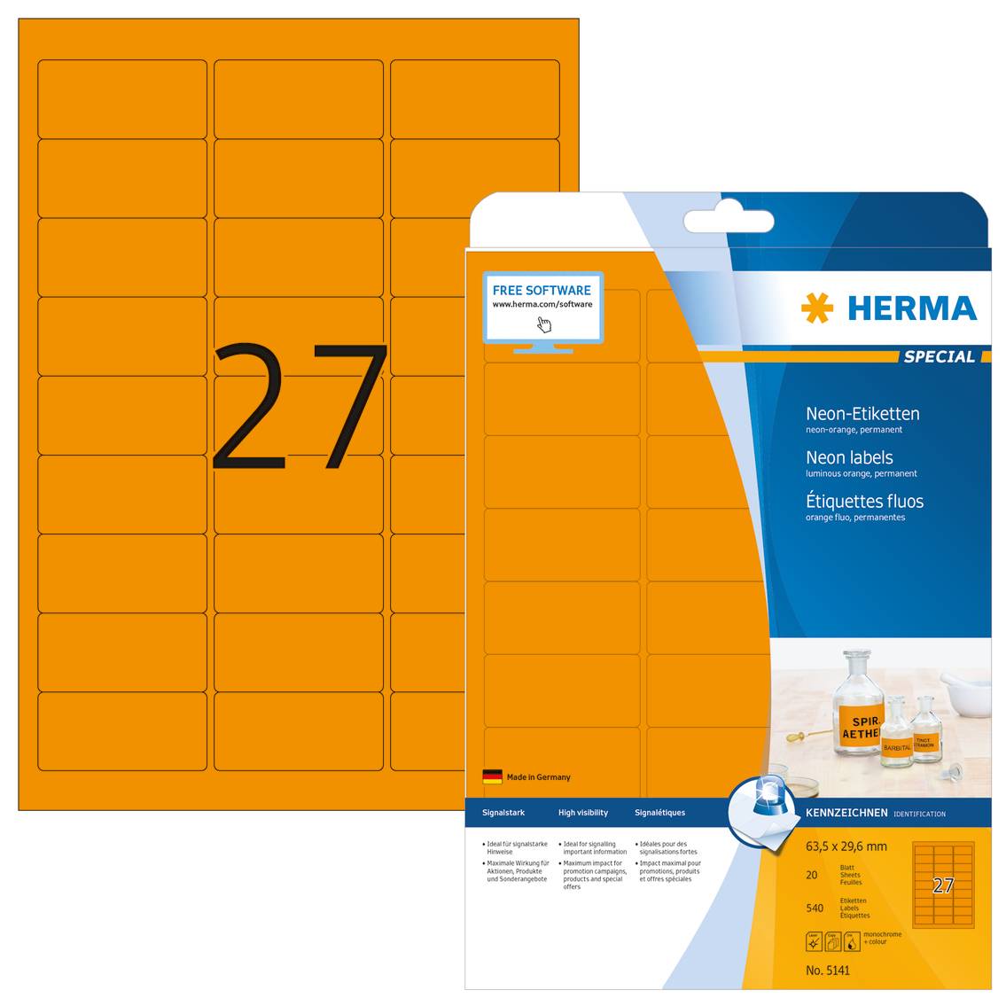HERMA Special - Papier - matt - permanent selbstklebend - Luminous Orange - 63.5 x 29.6 mm 540 Etikett(en) (20 Bogen x 2