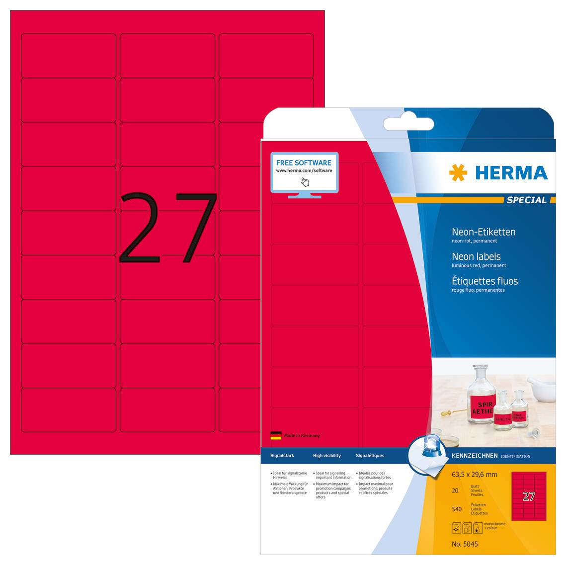 HERMA Special - Papier - matt - permanent selbstklebend - Luminous Red - 63.5 x 29.6 mm 540 Etikett(en) (20 Bogen x 27)