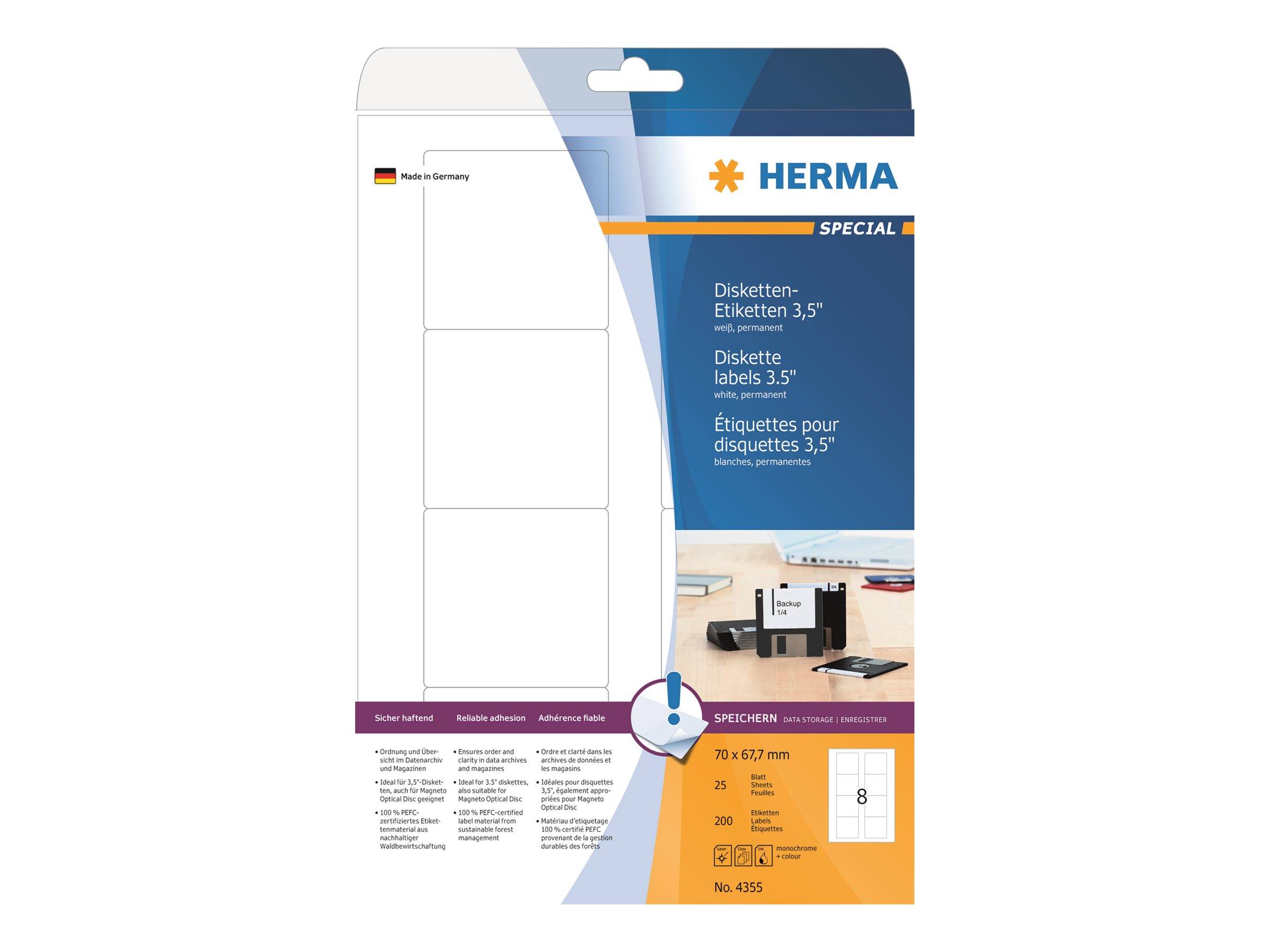 HERMA Special - Papier - matt - permanent selbstklebend - weiß - 70 x 67.7 mm 200 Etikett(en) (25 Bogen x 8)