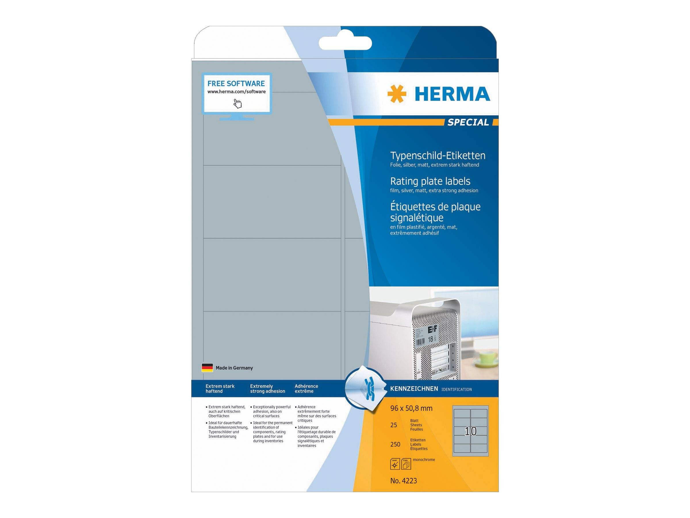 HERMA Special - Polyester - matt - permanent selbstklebend - Silber - 96 x 50.8 mm 250 Etikett(en) (25 Bogen x 10)