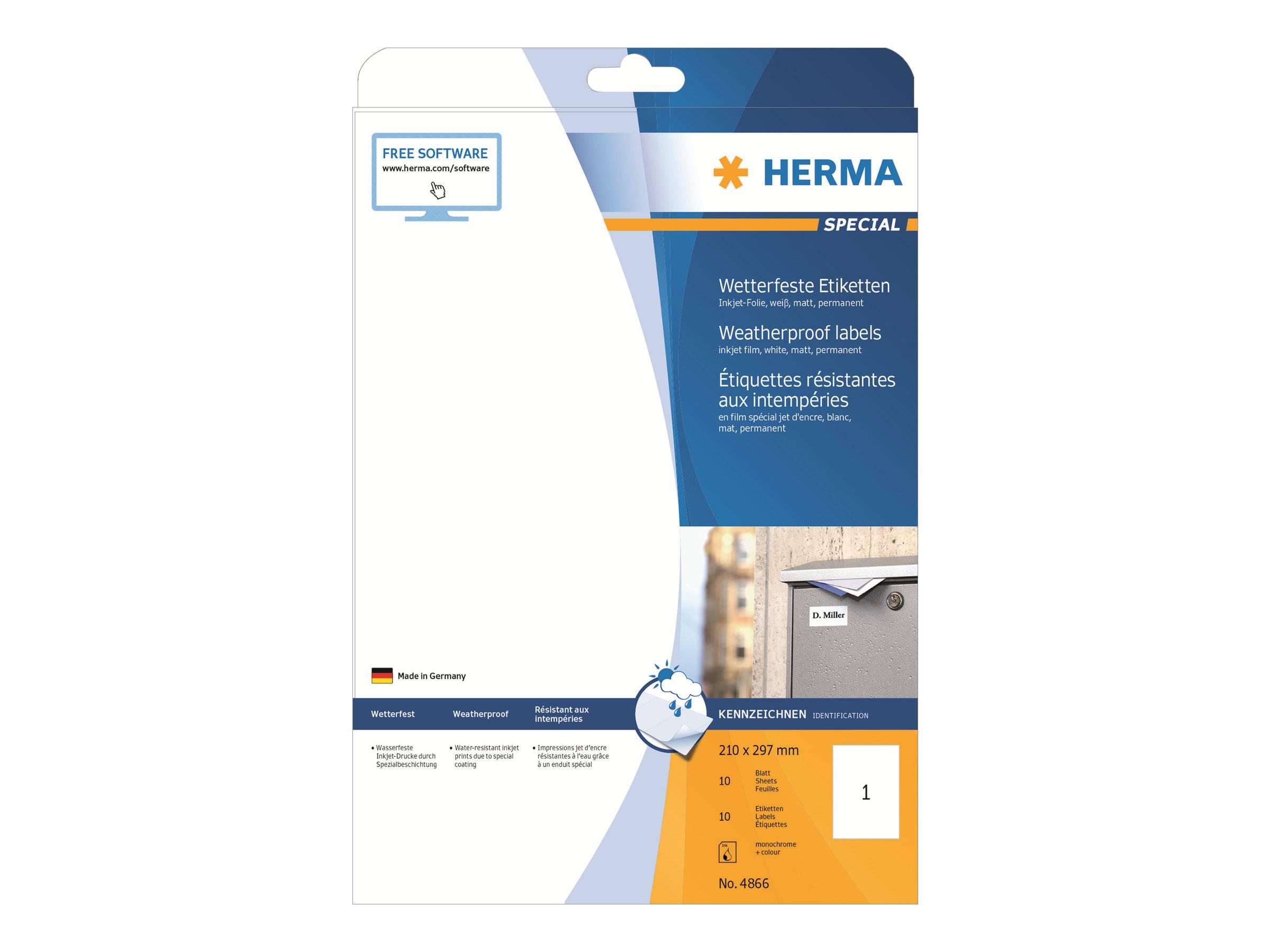 Verpackung für HERMA SPECIAL wetterbeständige Etiketten, weiße Blanko-Etikettenblätter mit „KOSTENLOSE SOFTWARE