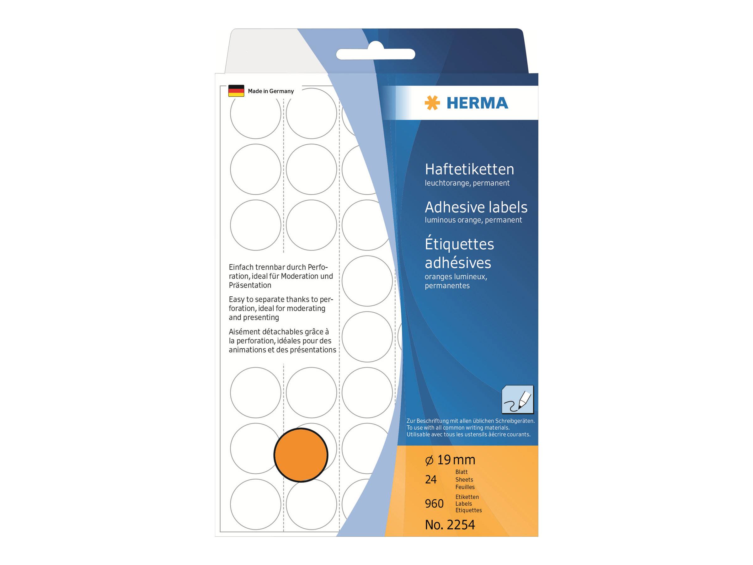 HERMA - Papier - matt - permanenter Klebstoff - Luminous Orange - 19 mm rund 960 Etikett(en) (24 Bogen x 40)