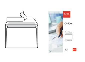 Illustration eines Umschlag-Papierversands mit einem Abreißstreifen, abgebildet neben einer Produktverpackung mit der Bezeichnung „ELCO Office