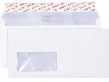 Weißer Versandumschlag mit transparentem Adressfenster und gemustertem Verschlussstreifen mit der Aufschrift „EILCO