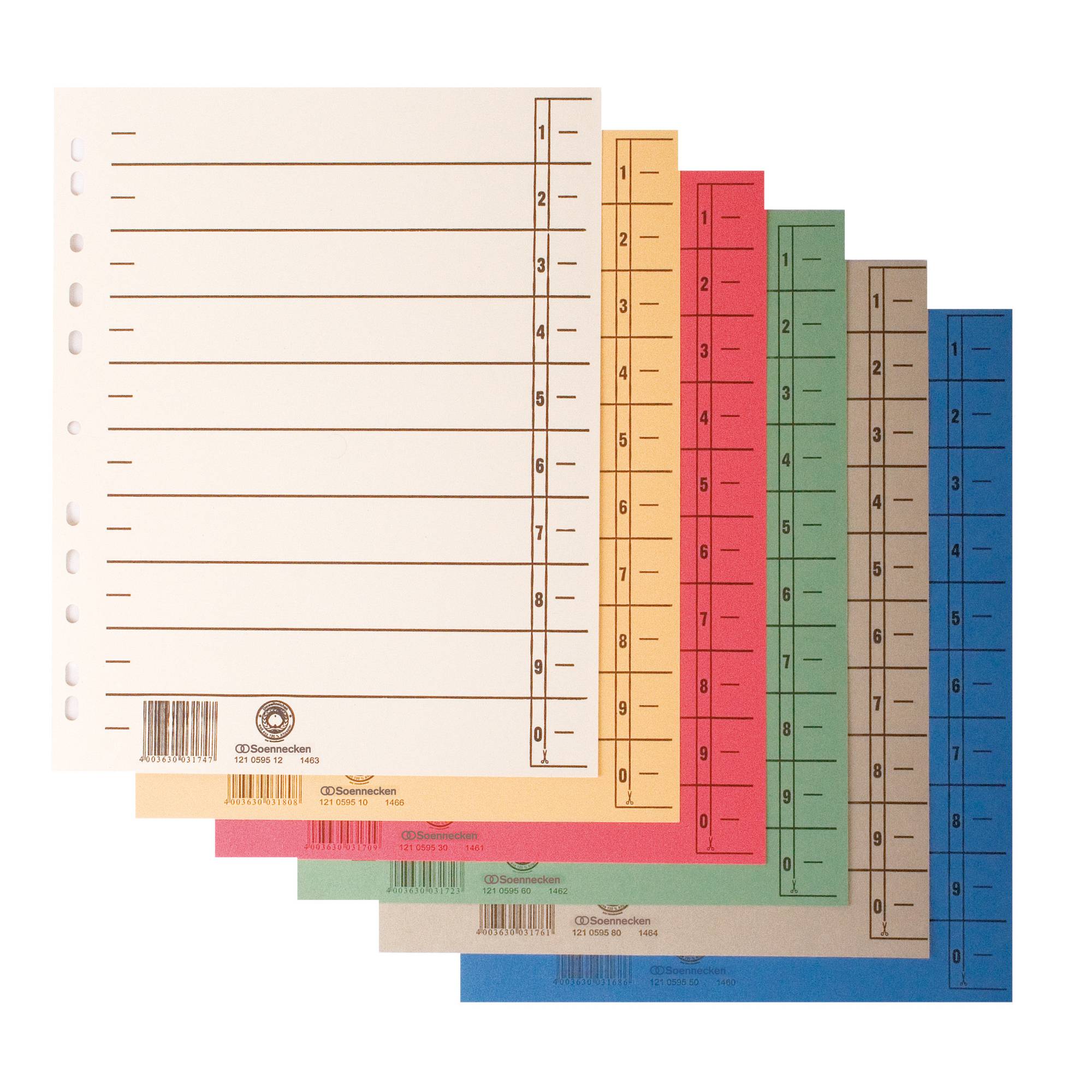 Stapel von farbigen linierten Karteikarten mit nummerierten Trennblättern und Linealmessmarken, fächerförmig ausgebreitet in Weiß, Gelb, Rot, Grün, Beige und Blau.