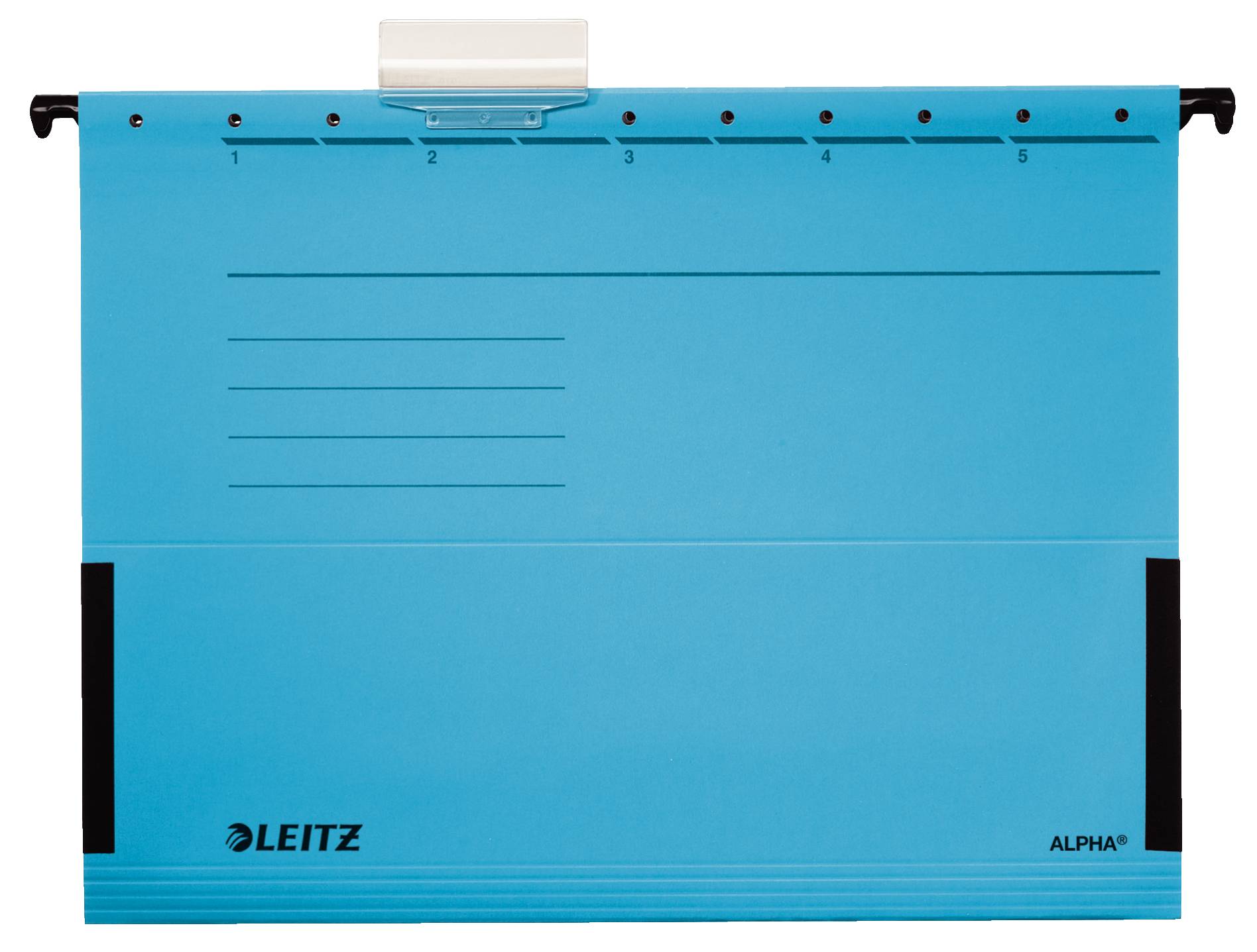 Blaue Hängemappenmappe Leitz ALPHA mit Registerleitern und Linien, Vorderansicht auf schwarzem Hintergrund.