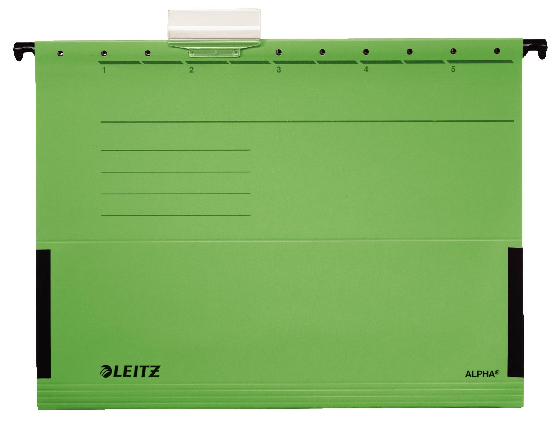Grüne Leitz Alpha Hängemappe mit nummerierten Reitern und liniertem Etikettenbereich, Vorderansicht auf schwarzem Hintergrund.
