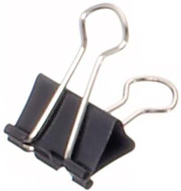 Schwarze Aktenklammer mit silbernen Metallgriffen auf weißem Hintergrund.