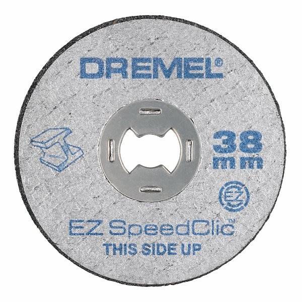 Dremel 38 mm EZ SpeedClic Trennscheibe, grau mit blauem Text: Diese Seite nach oben.