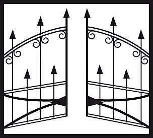 Aufwendiges Schmiedeeisen-Tordesign mit pfeilspitzenförmigen Stäben und dekorativen Schwüngen, in der Mitte geteilt, um einen sich öffnenden Eingang anzudeuten.
