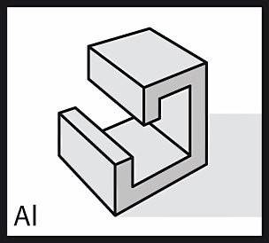 Ein unmögliches Objekt, das einem dreidimensionalen Buchstaben 'E' mit einer illusorischen Verdrehung ähnelt.