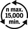 Schwarzer Kreispfeil mit dem Text 'n max. 15.000 min⁻¹' im Inneren, der einen Bereich oder eine Grenze anzeigt.