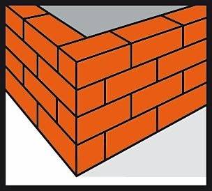 Eine dreidimensionale Darstellung einer Ecke einer Ziegelwand, die zwei Seiten aus orangefarbenen Ziegeln mit schwarzen Umrissen zeigt.