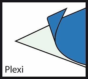 Ein abstrakter Entwurf, der zwei überlappende geometrische Formen ähnelt: ein grünes Dreieck und eine blaue Tränenform. Der Text lautet 'Plexi'.
