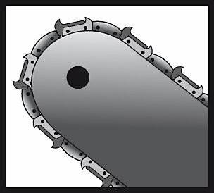 Eine Darstellung einer Kettensägenklinge mit scharfen Metallzähnen entlang der Kante, die zum Schneiden von Materialien konzipiert ist.