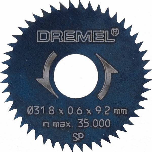 Eine Kreissägeblatt mit dem 'DREMEL' Logo. Es zeigt die Maße 'Ø31,8 x 0,6 x 9,2 mm' und eine Drehzahl von 'max. 35.000 U/min'.