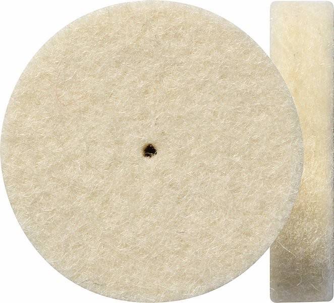Eine runde beige Filzscheibe mit einem kleinen zentralen Loch, von vorne und von der Seite gezeigt.