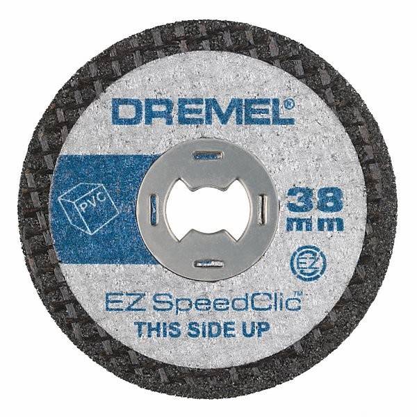 Eine runde Schneidscheibe mit der Aufschrift 'Dremel EZ SpeedClic 38 mm' mit einem 'PVC'-Symbol und dem Text 'Diese Seite nach oben', die für die Verwendung mit dem Dremel-Werkzeug konzipiert ist.