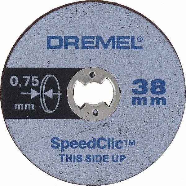Dremel SpeedClic Trennscheibe, 38 mm Durchmesser, 0,75 mm Dicke. Text: „DIESE SEITE OBEN