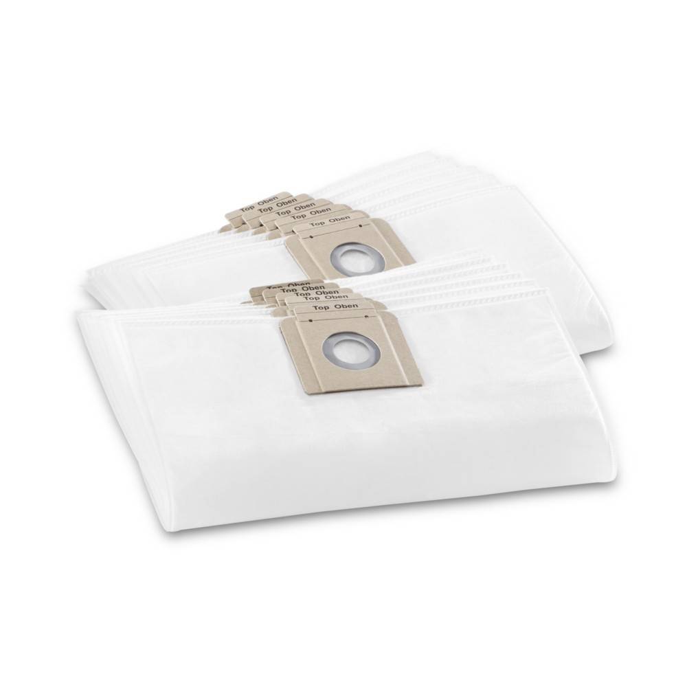 Mehrere gefaltete Staubsaugerbeutel mit kreisförmigen Öffnungen, auf der Oberseite beschriftet, ordentlich in zwei Reihen verpackt.