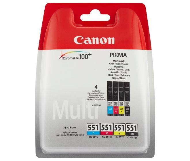 Canon PIXMA Tintenpatronenpack mit vier Tintenfarben: Cyan, Magenta, Gelb und Schwarz. Entwickelt für Chromalife 100+.