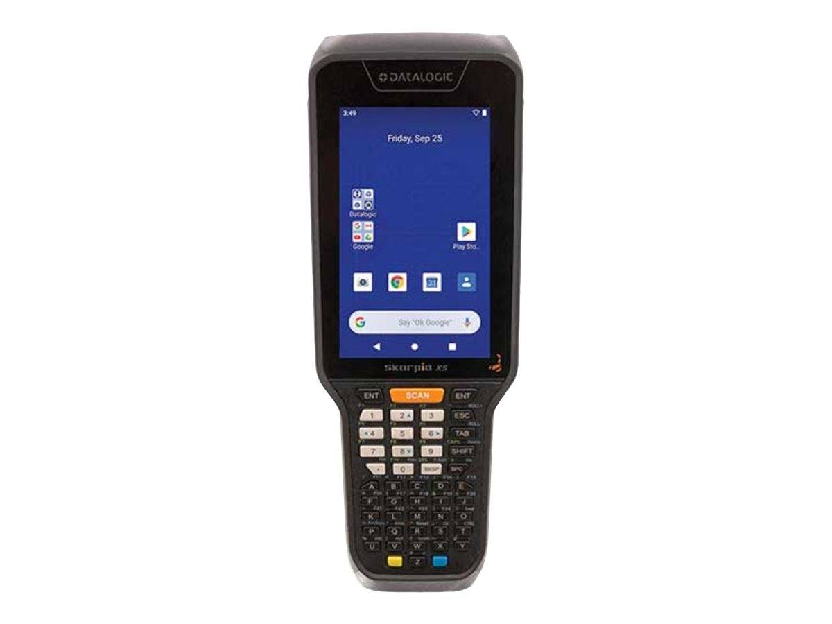 Tragbarer Datalogic-Barcodescanner mit Touchscreen und Tastenfeld, frontal auf weißem Hintergrund dargestellt.
