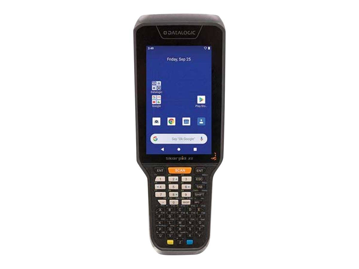 Tragbares Datalogic-Barcode-Scanner-Terminal mit Touchscreen-Android-Startbildschirm und Tastatur darunter.