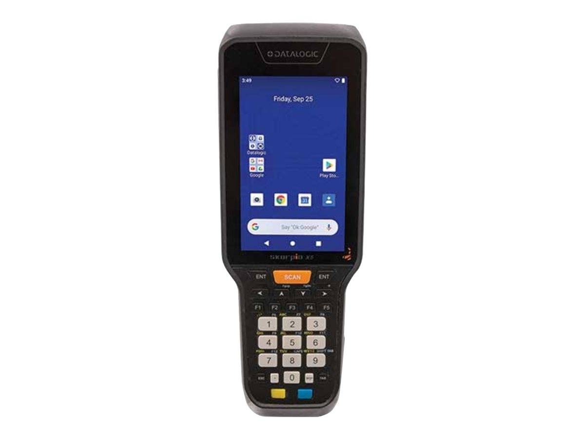 Ein robuster tragbarer Datalogic-Barcodescanner mit Touchscreen, Tastatur und orangefarbener Scantaste, von vorne gezeigt.