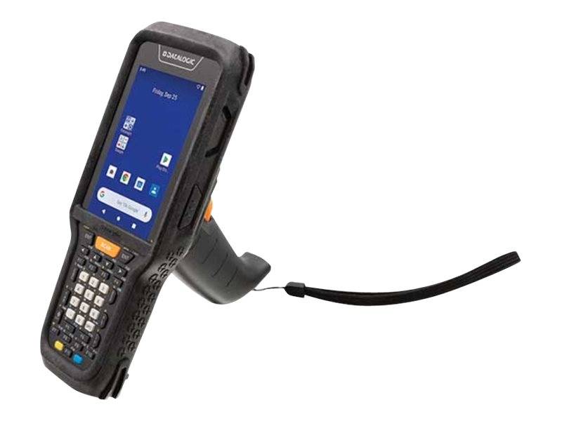 Robuster tragbarer Barcode-Scanner mit Touchscreen und Tastatur, abgebildet mit angebrachtem Handgelenkband.