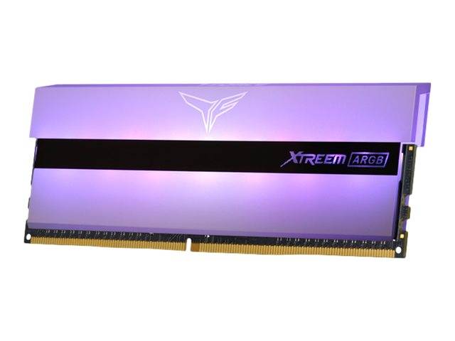 Purple Xtreem ARGB RAM-Speichermodul mit beleuchteter Oberseite und schwarzem Mittelakzent auf weißem Hintergrund.