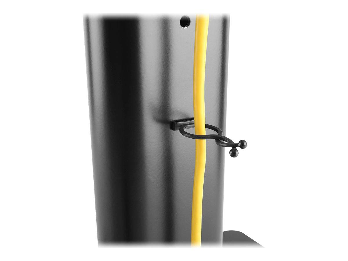 Nahaufnahme eines schwarzen Metallpfahls mit einem gelben Kabel, das durch eine kleine Seitenklemme gesichert ist.