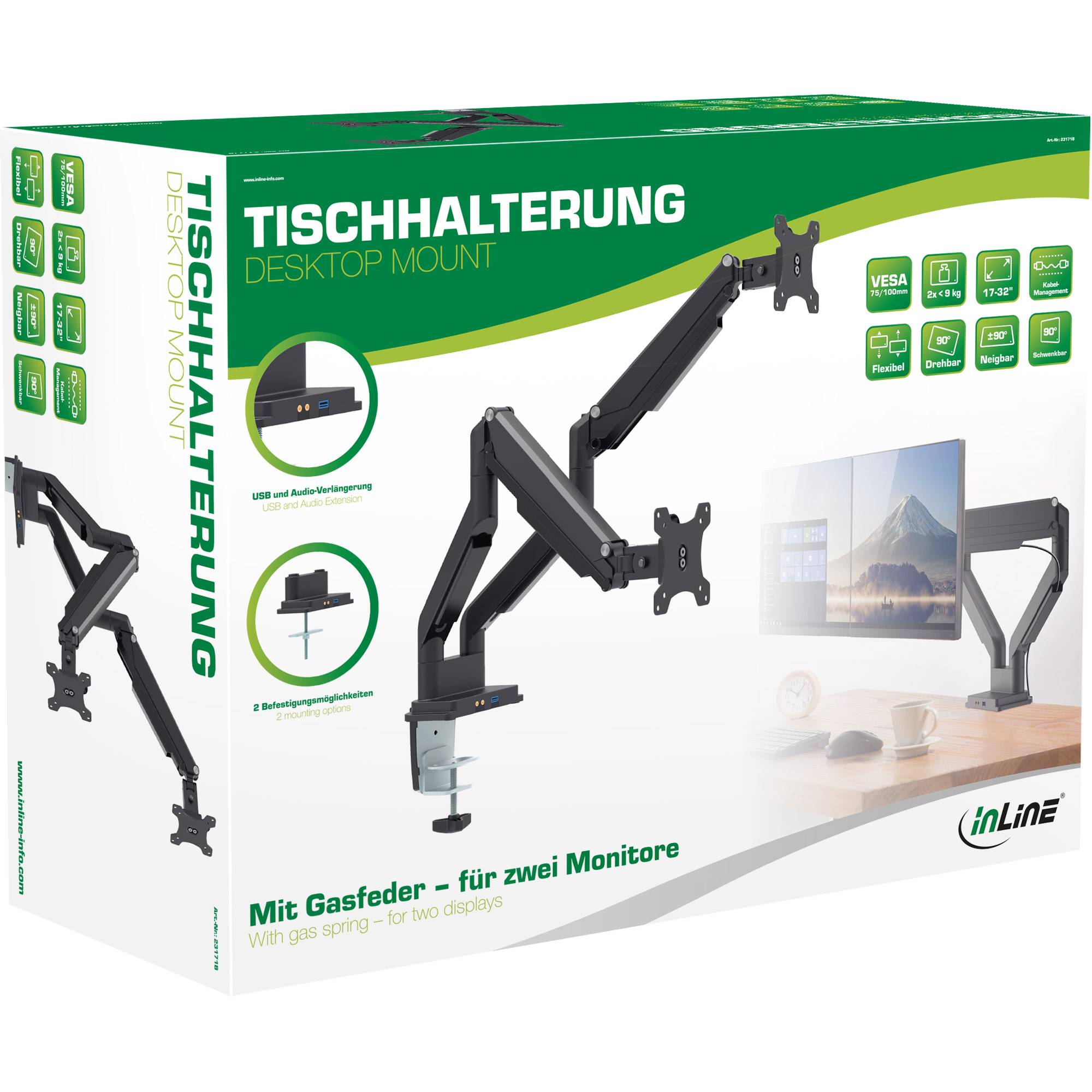 INLINE - Tischhalterung mit Lifter & USB/Audio - 2 Monitore bis 81cm (32""),schwarz