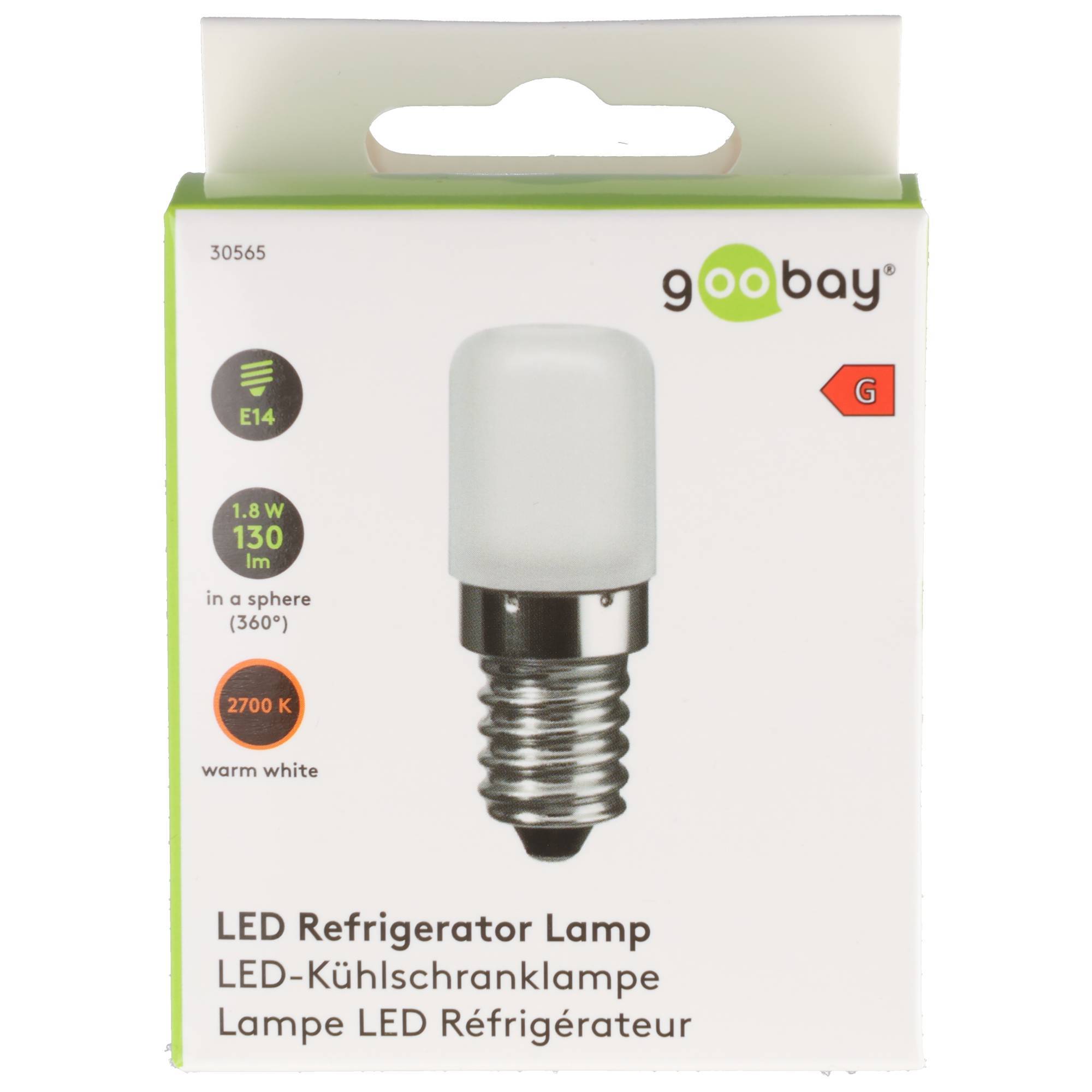 Produktverpackung für eine Goobay-LED-Kühlschranklampe mit einem E14-Sockel, 1,8 W, 130 lm, 2700 K Warmweiß und Energieklasse G.